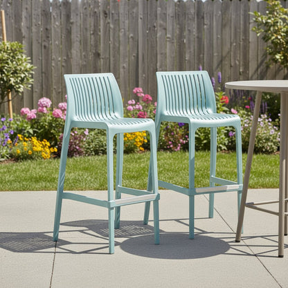 Set of Two 30" Baby Blue Heavy Duty Plastic Low Back Outdoor Bar Height Chairs HomeRoots
