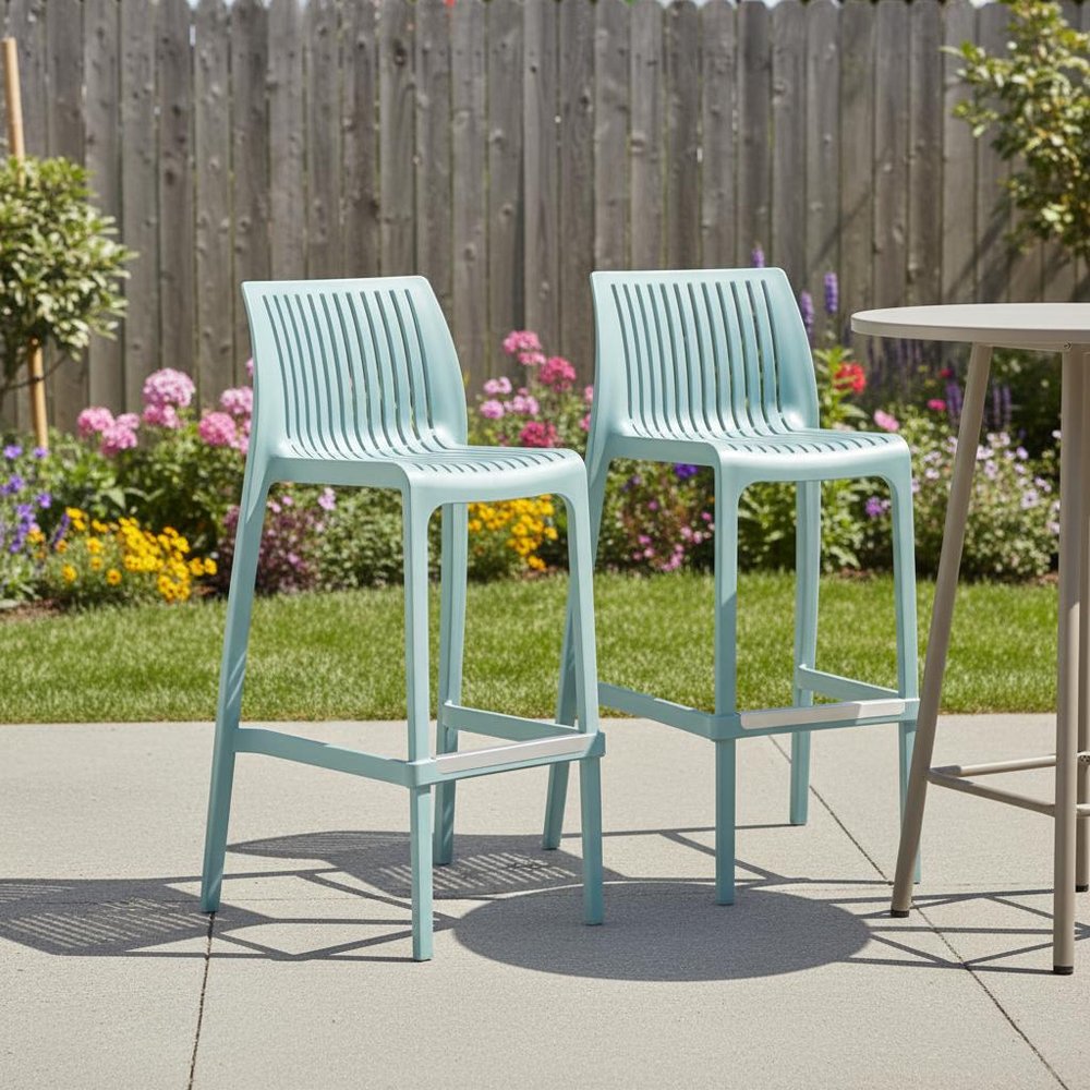 Set of Two 30" Baby Blue Heavy Duty Plastic Low Back Outdoor Bar Height Chairs HomeRoots