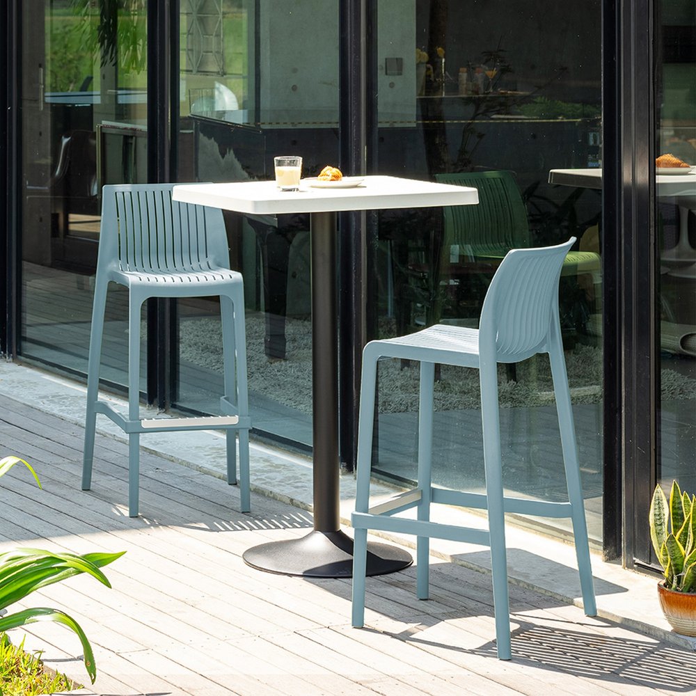 Set of Two 30" Baby Blue Heavy Duty Plastic Low Back Outdoor Bar Height Chairs HomeRoots