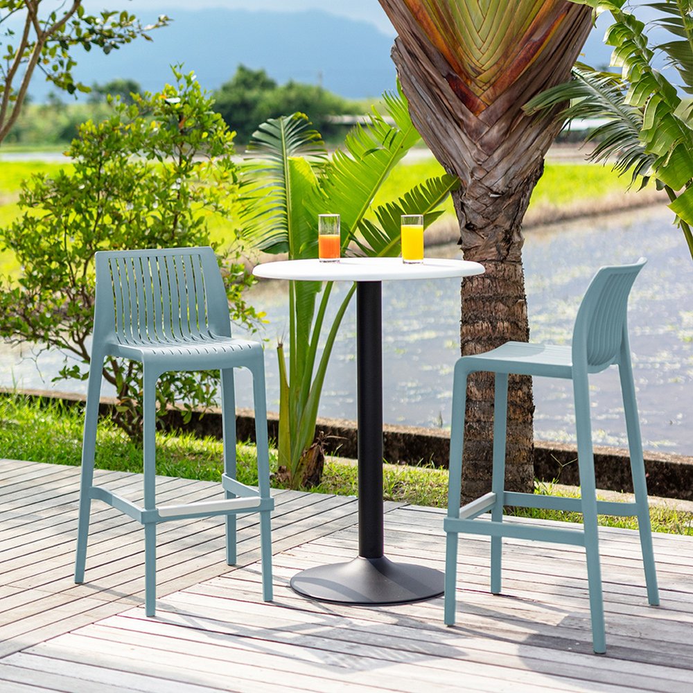 Set of Two 30" Baby Blue Heavy Duty Plastic Low Back Outdoor Bar Height Chairs HomeRoots