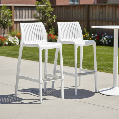 Set of Two 30" White Heavy Duty Plastic Low Back Outdoor Bar Height Chairs HomeRoots