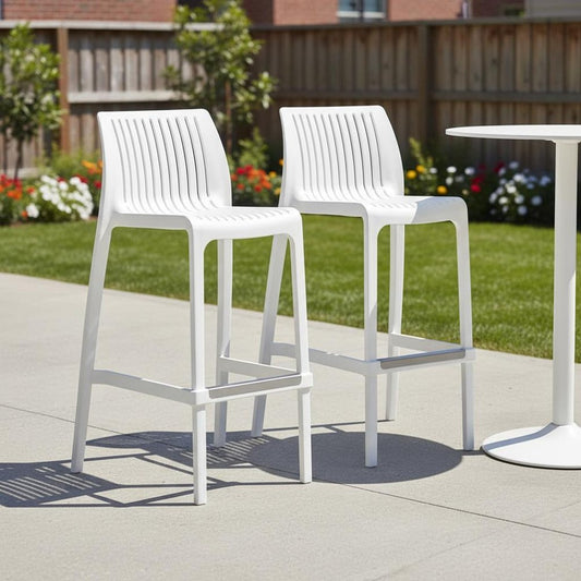 Set of Two 30" White Heavy Duty Plastic Low Back Outdoor Bar Height Chairs HomeRoots