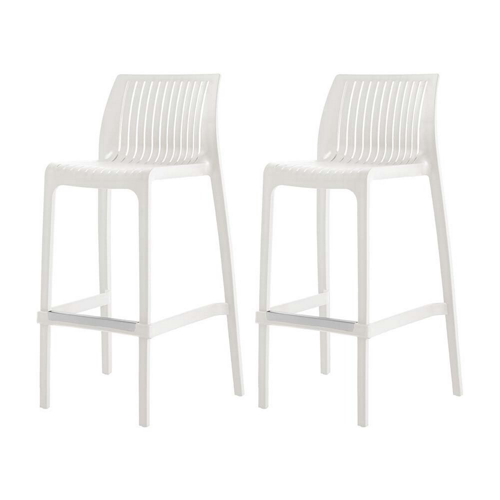 Set of Two 30" White Heavy Duty Plastic Low Back Outdoor Bar Height Chairs — view 3