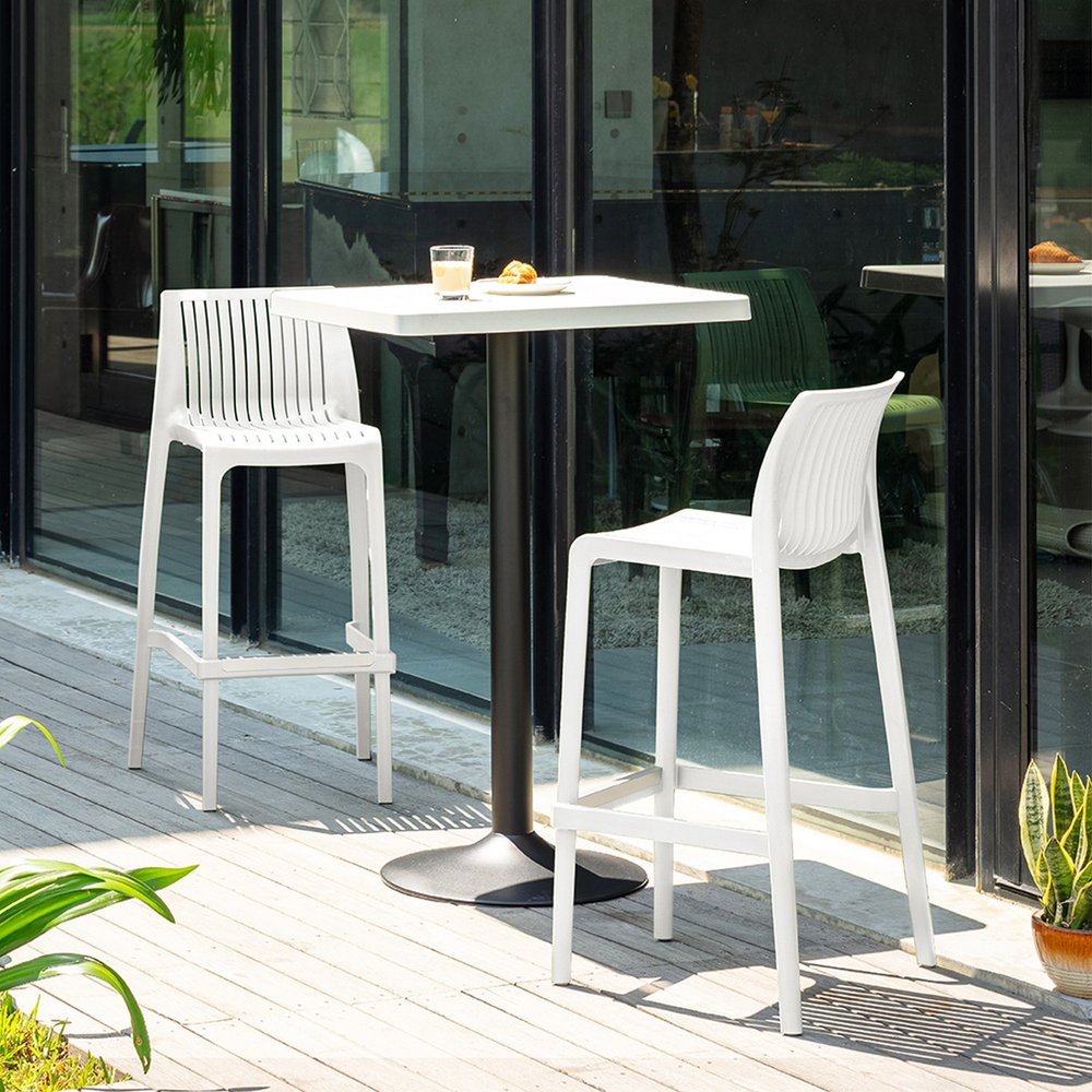 Set of Two 30" White Heavy Duty Plastic Low Back Outdoor Bar Height Chairs HomeRoots