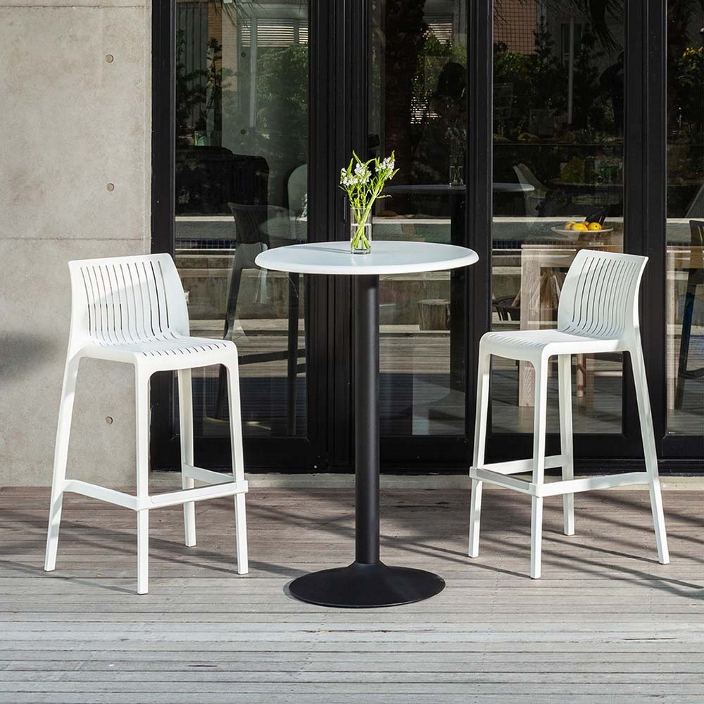 Set of Two 30" White Heavy Duty Plastic Low Back Outdoor Bar Height Chairs HomeRoots