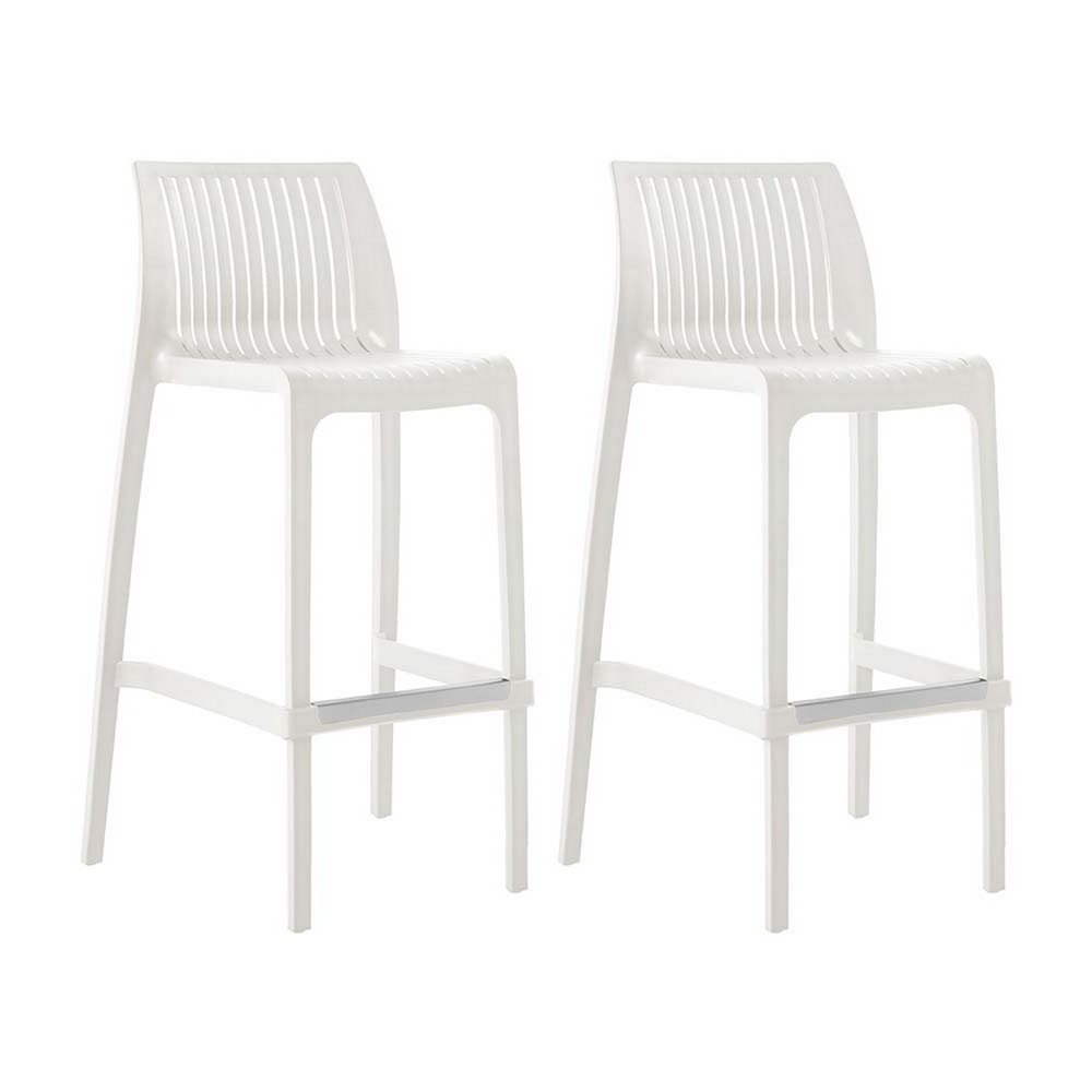 Set of Two 30" White Heavy Duty Plastic Low Back Outdoor Bar Height Chairs — view 4