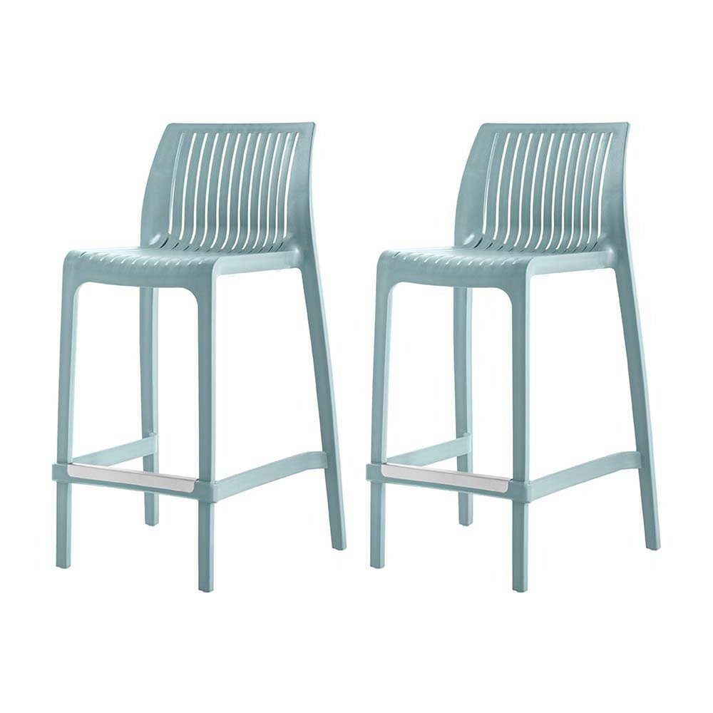 Set of Two 26" Baby Blue Heavy Duty Plastic Low Back Outdoor Counter Height Bar Chairs HomeRoots