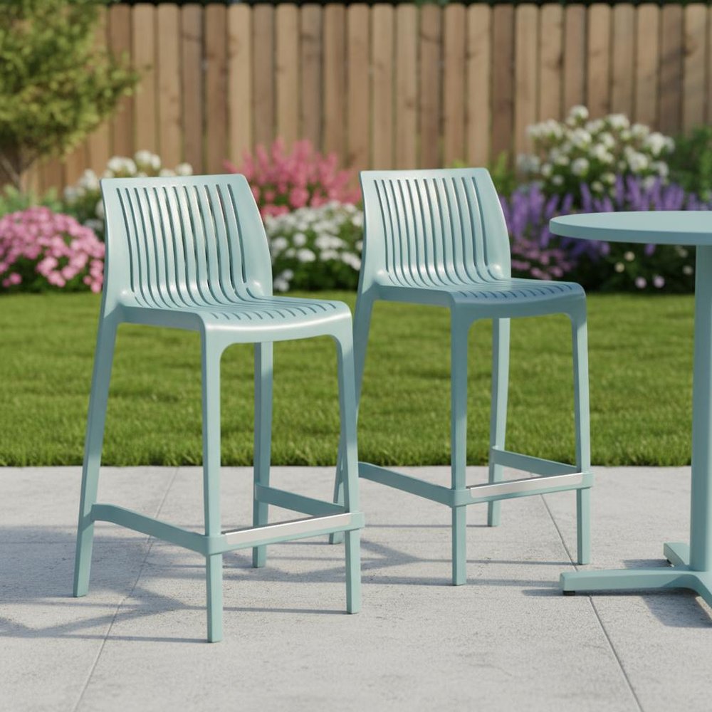 Set of Two 26" Baby Blue Heavy Duty Plastic Low Back Outdoor Counter Height Bar Chairs HomeRoots