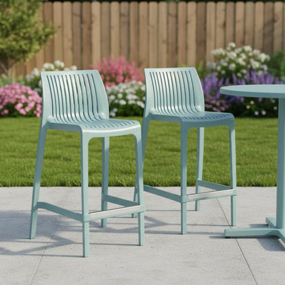 Set of Two 26" Baby Blue Heavy Duty Plastic Low Back Outdoor Counter Height Bar Chairs HomeRoots