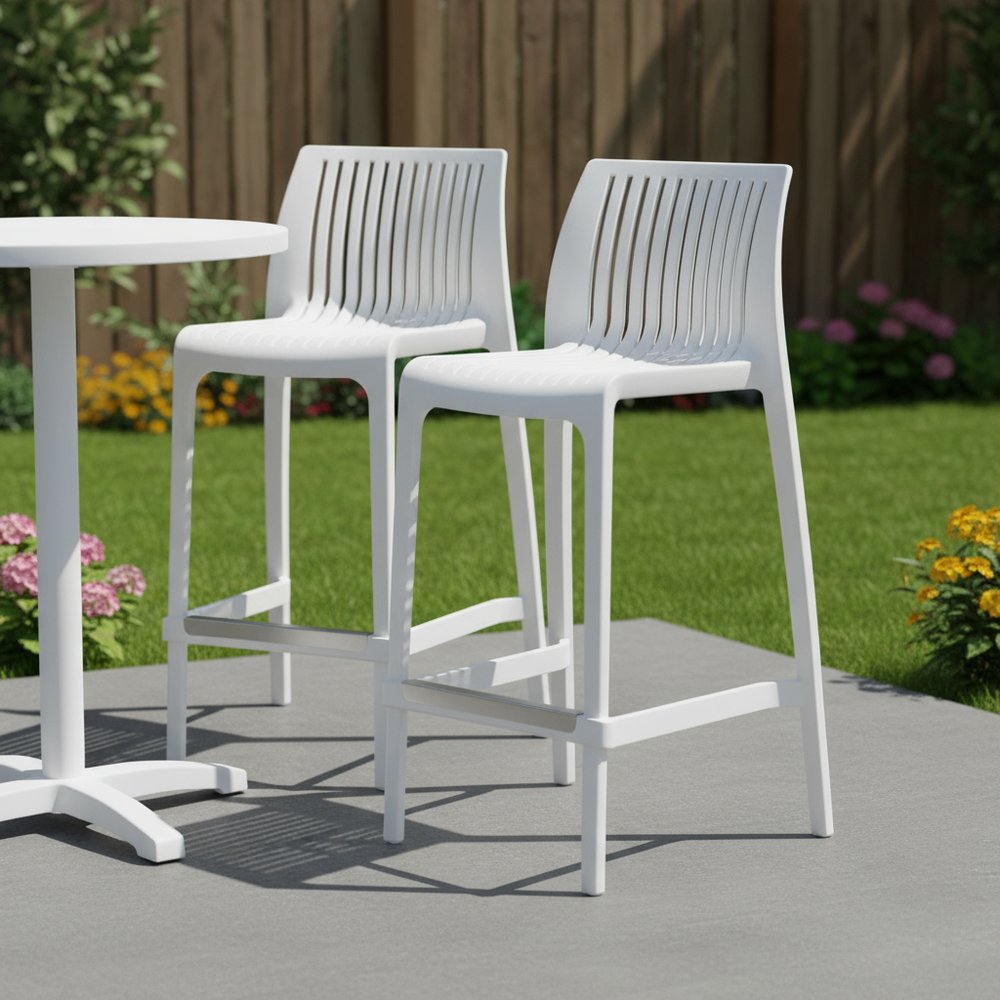 Set of Two 26" White Heavy Duty Plastic Low Back Outdoor Counter Height Bar Chairs HomeRoots