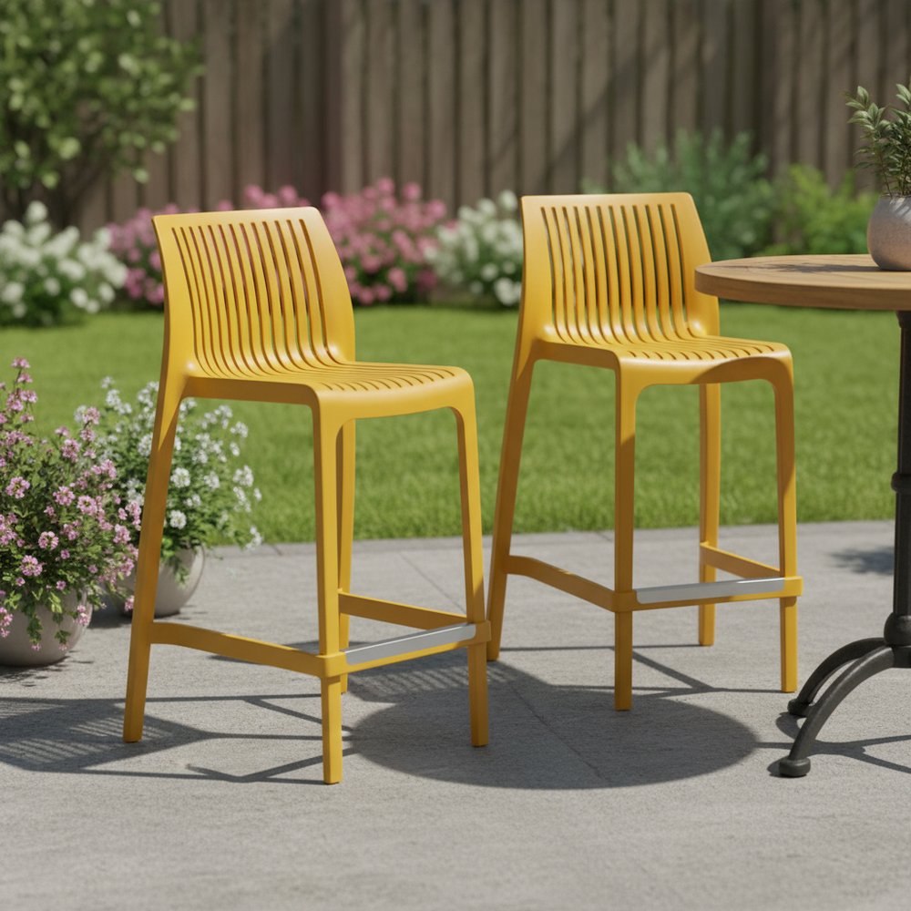 Set of Two 26" Yellow Heavy Duty Plastic Low Back Outdoor Counter Height Bar Chairs HomeRoots