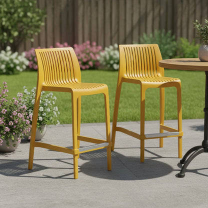Set of Two 26" Yellow Heavy Duty Plastic Low Back Outdoor Counter Height Bar Chairs HomeRoots