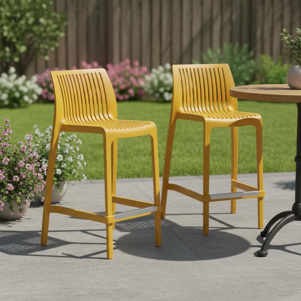 Set of Two 26" Yellow Heavy Duty Plastic Low Back Outdoor Counter Height Bar Chairs HomeRoots