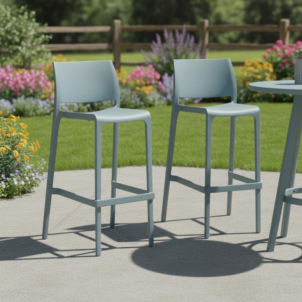 Set of Two 30" Baby Blue Heavy Duty Plastic Low Back Outdoor Bar Height Chairs HomeRoots