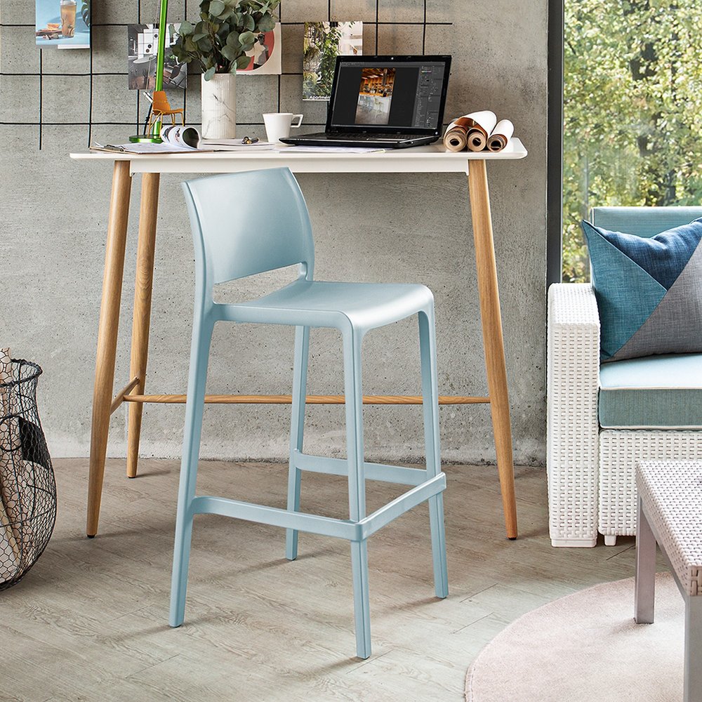Set of Two 30" Baby Blue Heavy Duty Plastic Low Back Outdoor Bar Height Chairs HomeRoots