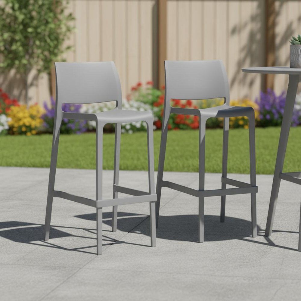 Set of Two 30" Gray Heavy Duty Plastic Low Back Outdoor Bar Height Chairs HomeRoots