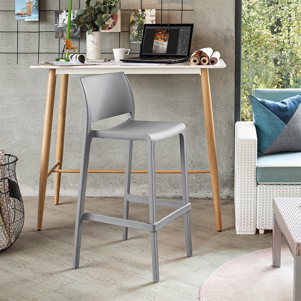 Set of Two 30" Gray Heavy Duty Plastic Low Back Outdoor Bar Height Chairs HomeRoots