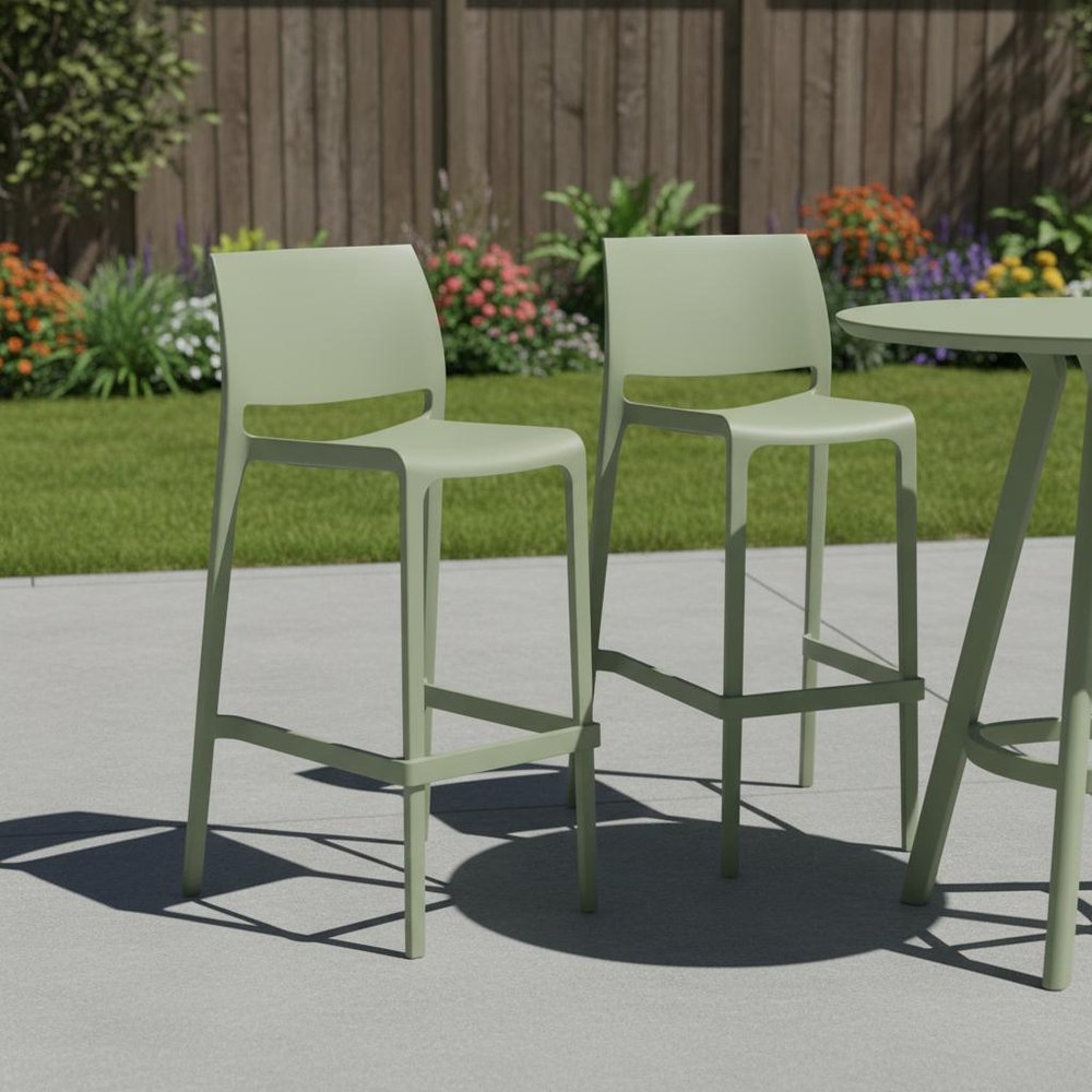 Set of Two 30" Green Heavy Duty Plastic Low Back Outdoor Bar Height Chairs HomeRoots