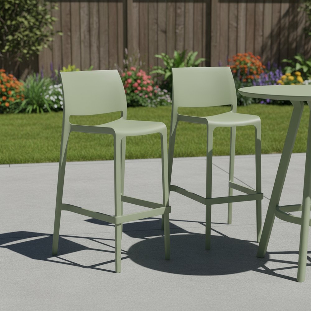 Set of Two 30" Green Heavy Duty Plastic Low Back Outdoor Bar Height Chairs HomeRoots