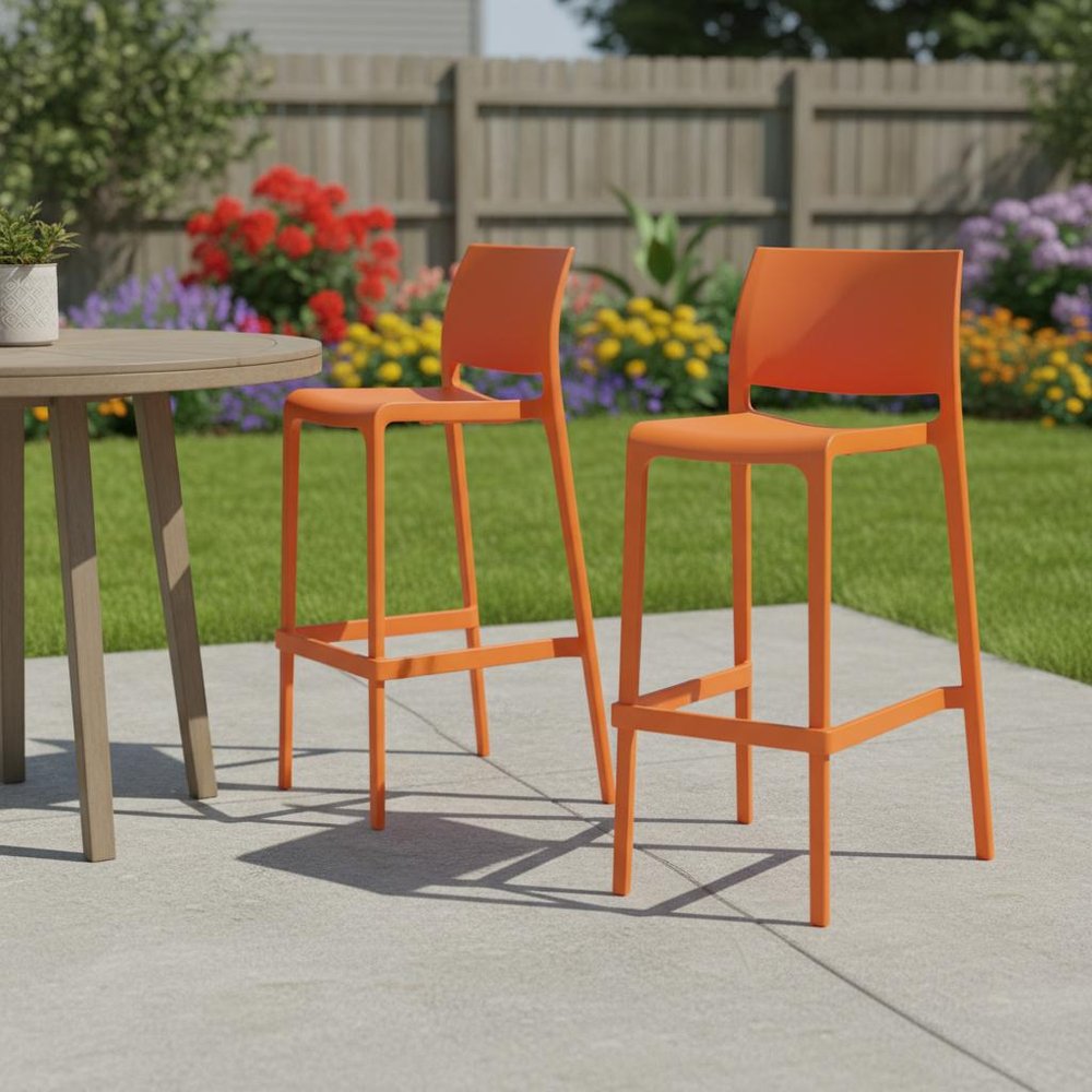 Set of Two 30" Orange Heavy Duty Plastic Low Back Outdoor Bar Height Chairs HomeRoots