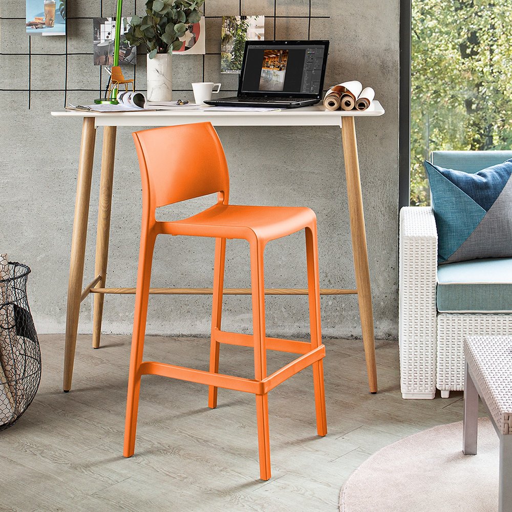 Set of Two 30" Orange Heavy Duty Plastic Low Back Outdoor Bar Height Chairs HomeRoots
