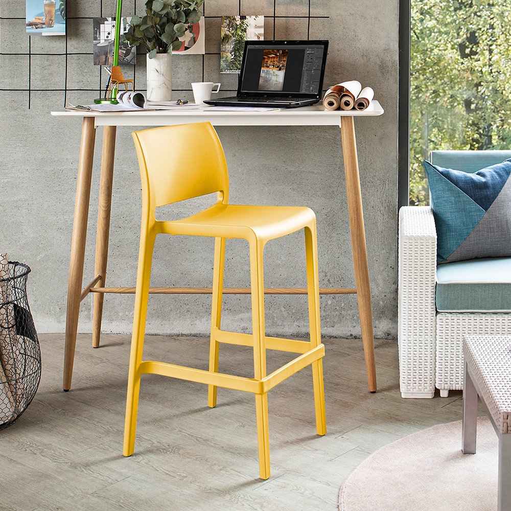 Set of Two 30" Yellow Heavy Duty Plastic Low Back Outdoor Bar Height Chairs HomeRoots