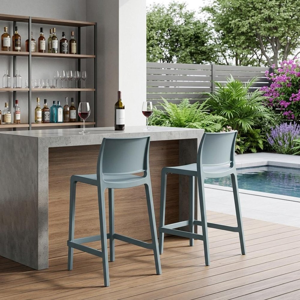 Set of Two 26" Baby Blue Heavy Duty Plastic Low Back Outdoor Counter Height Bar Chairs HomeRoots