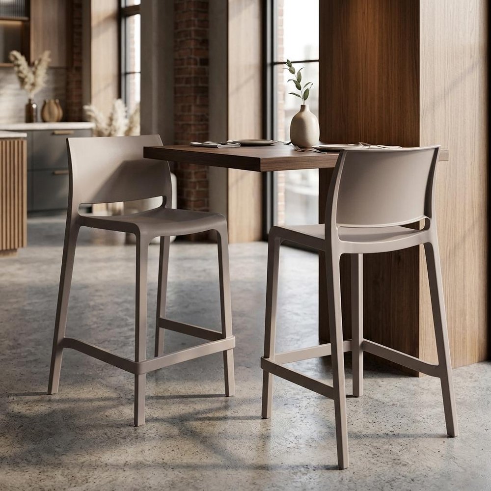 Set of Two 26" Taupe Heavy Duty Plastic Low Back Outdoor Counter Height Bar Chairs HomeRoots