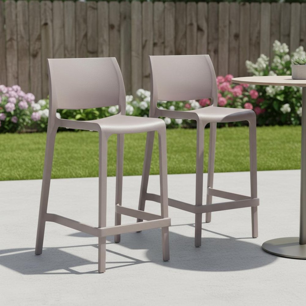 Set of Two 26" Taupe Heavy Duty Plastic Low Back Outdoor Counter Height Bar Chairs HomeRoots