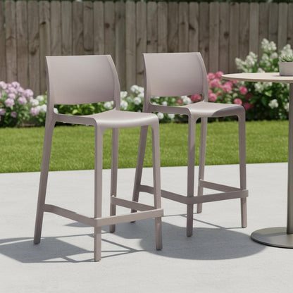 Set of Two 26" Taupe Heavy Duty Plastic Low Back Outdoor Counter Height Bar Chairs HomeRoots