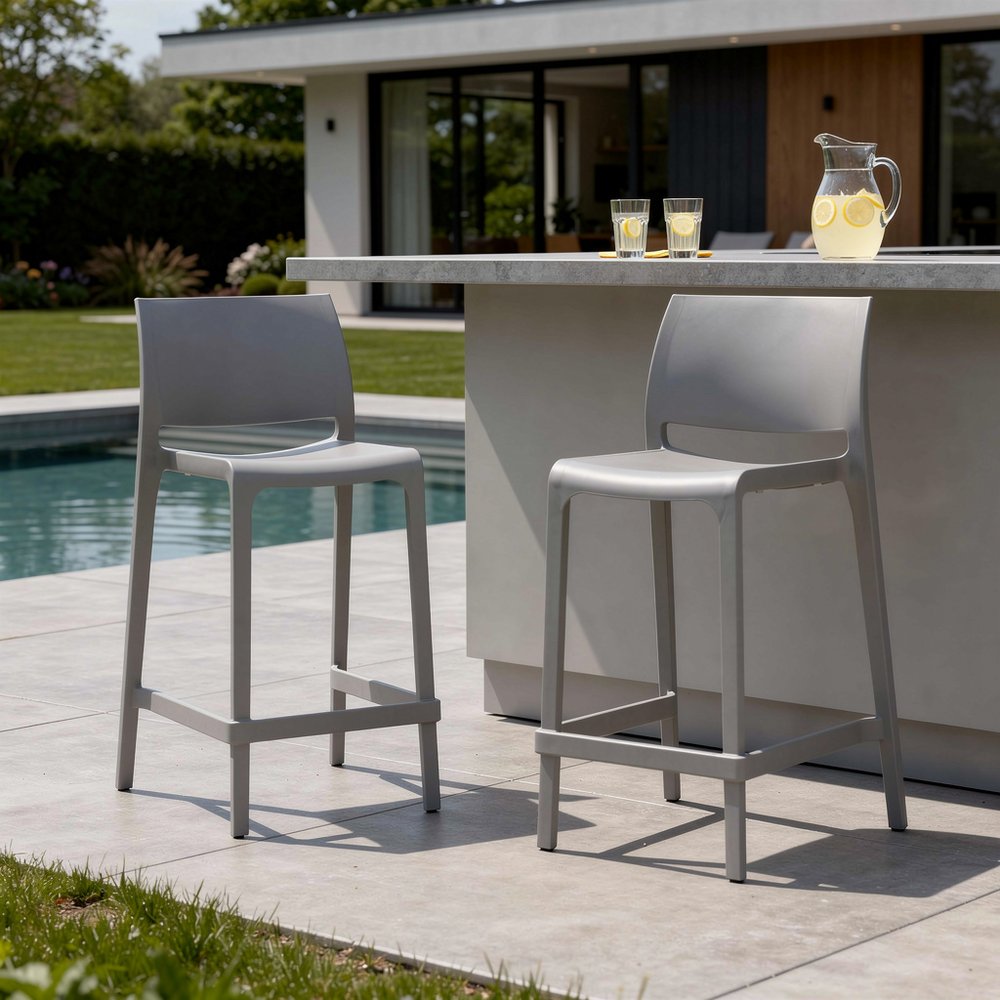 Set of Two 26" Gray Heavy Duty Plastic Low Back Outdoor Counter Height Bar Chairs HomeRoots