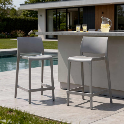 Set of Two 26" Gray Heavy Duty Plastic Low Back Outdoor Counter Height Bar Chairs HomeRoots