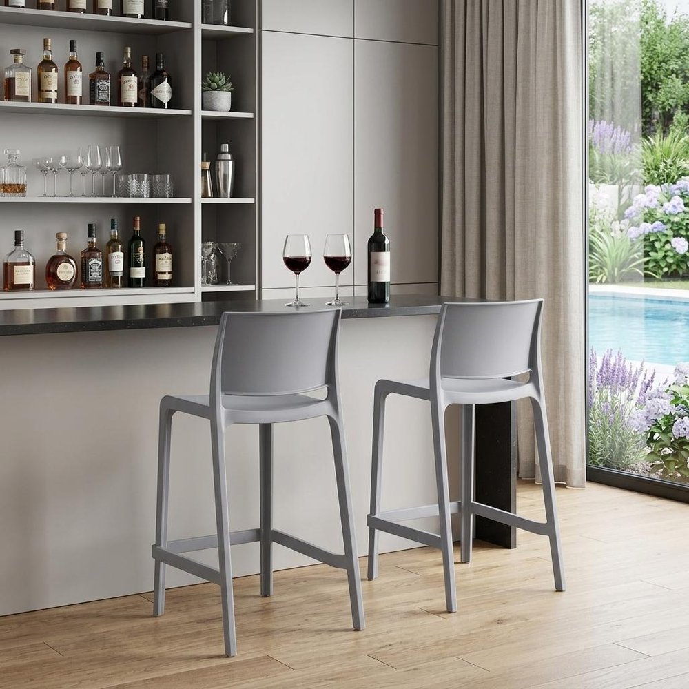 Set of Two 26" Gray Heavy Duty Plastic Low Back Outdoor Counter Height Bar Chairs HomeRoots