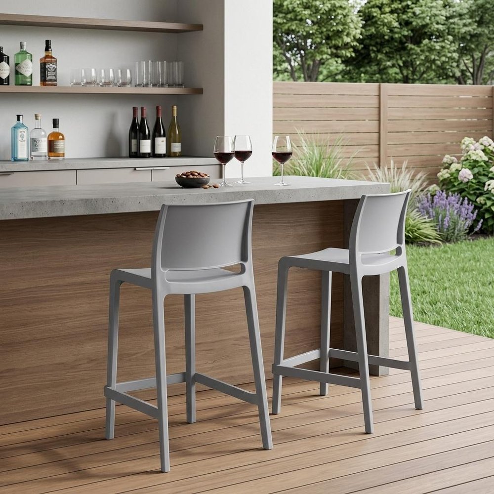 Set of Two 26" Gray Heavy Duty Plastic Low Back Outdoor Counter Height Bar Chairs HomeRoots
