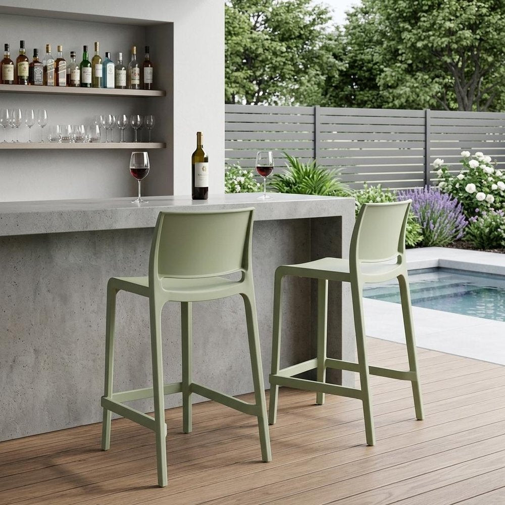 Set of Two 26" Green Heavy Duty Plastic Low Back Outdoor Counter Height Bar Chairs HomeRoots