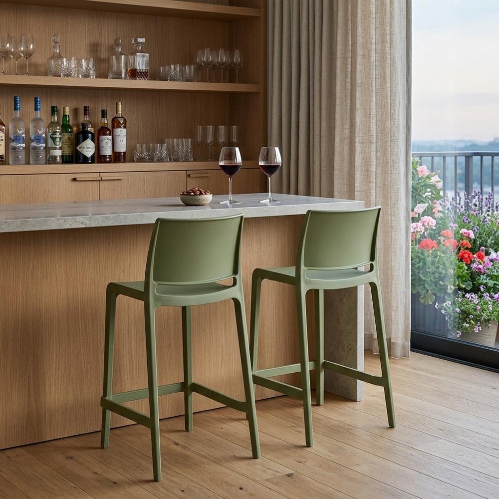 Set of Two 26" Green Heavy Duty Plastic Low Back Outdoor Counter Height Bar Chairs HomeRoots