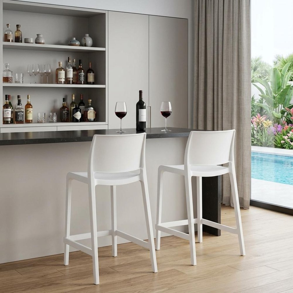 Set of Two 26" White Heavy Duty Plastic Low Back Outdoor Counter Height Bar Chairs HomeRoots