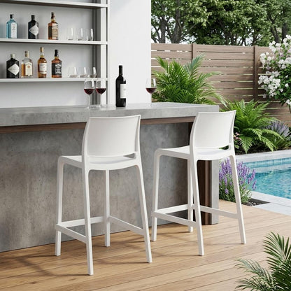 Set of Two 26" White Heavy Duty Plastic Low Back Outdoor Counter Height Bar Chairs HomeRoots