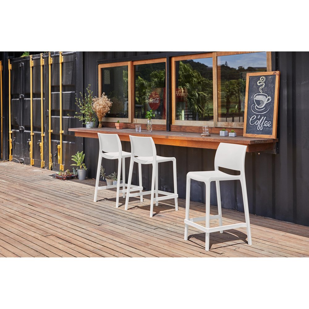 Set of Two 26" White Heavy Duty Plastic Low Back Outdoor Counter Height Bar Chairs HomeRoots