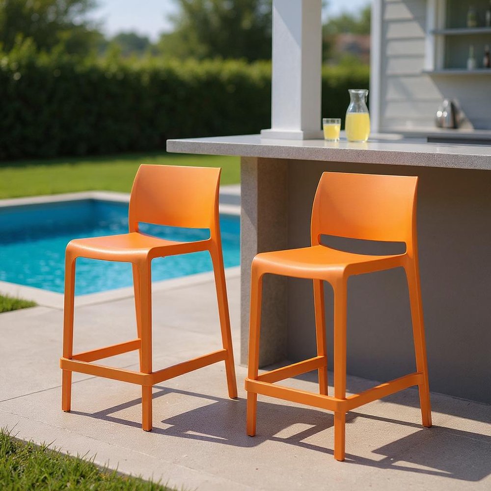 Set of Two 26" Orange Heavy Duty Plastic Low Back Outdoor Counter Height Bar Chairs HomeRoots