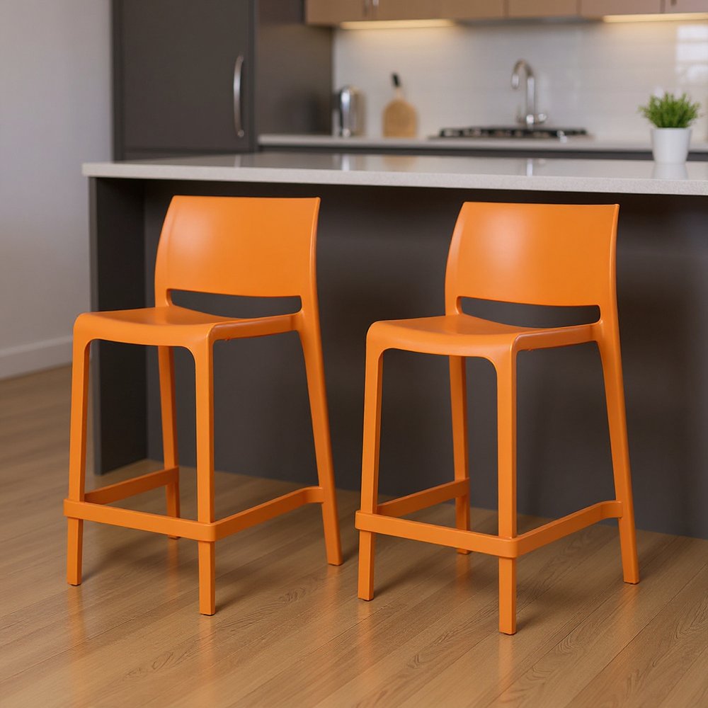 Set of Two 26" Orange Heavy Duty Plastic Low Back Outdoor Counter Height Bar Chairs HomeRoots