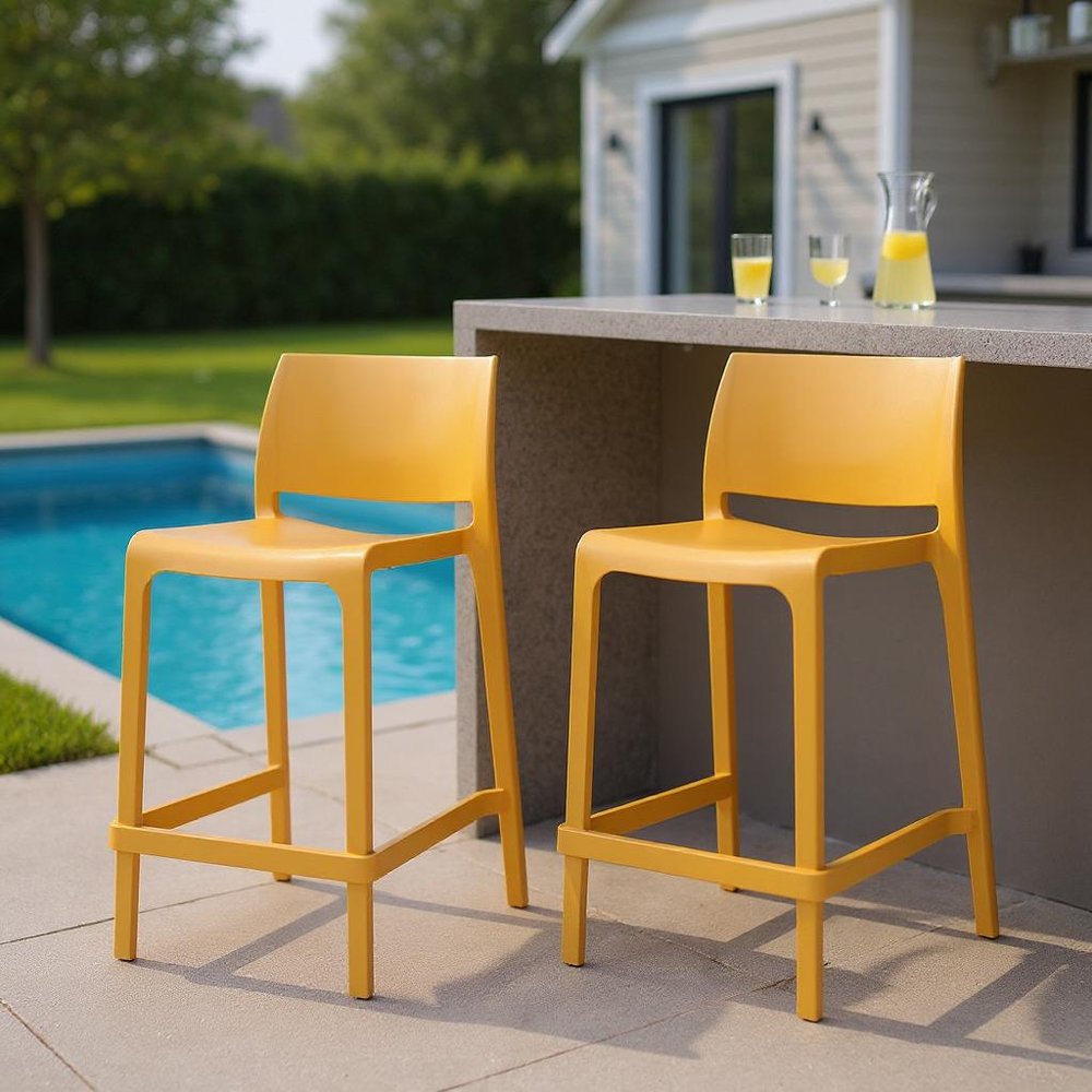 Set of Two 26" Gold and Yellow Heavy Duty Plastic Low Back Outdoor Counter Height Bar Chairs HomeRoots