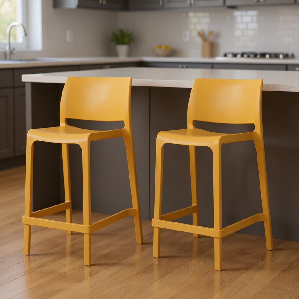 Set of Two 26" Gold and Yellow Heavy Duty Plastic Low Back Outdoor Counter Height Bar Chairs HomeRoots