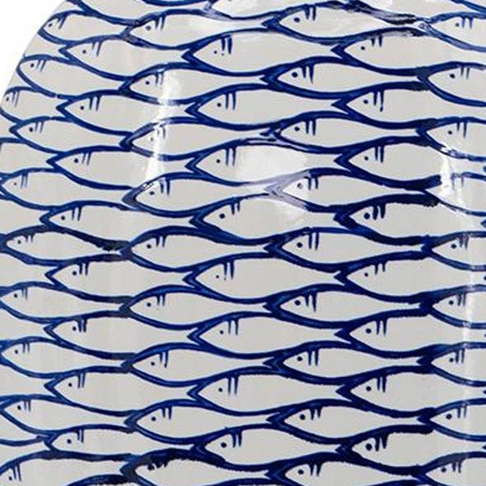 16" Blue And White Fish Print Oval Ceramic Table Vase HomeRoots