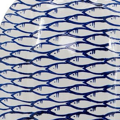 16" Blue And White Fish Print Oval Ceramic Table Vase HomeRoots