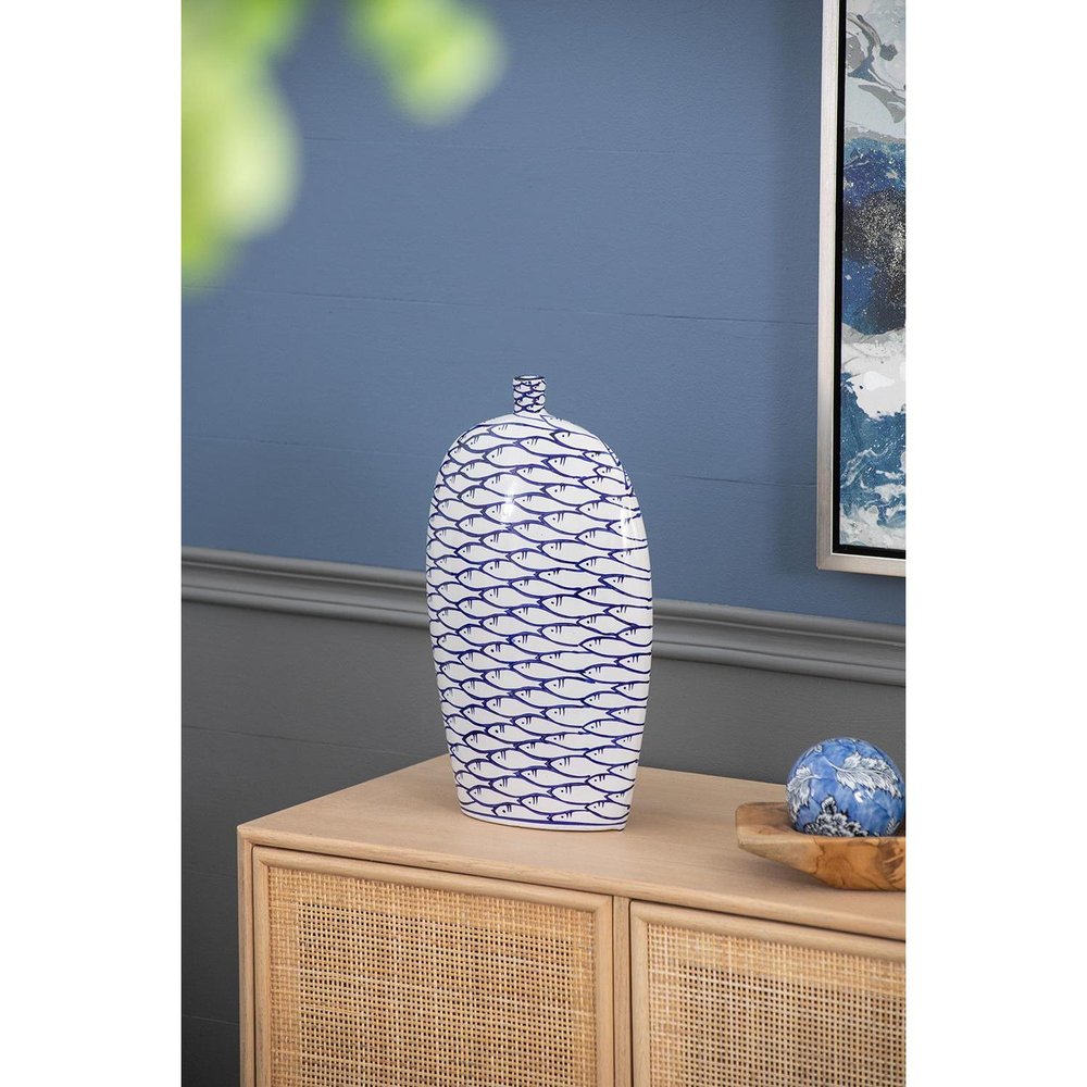 16" Blue And White Fish Print Oval Ceramic Table Vase HomeRoots