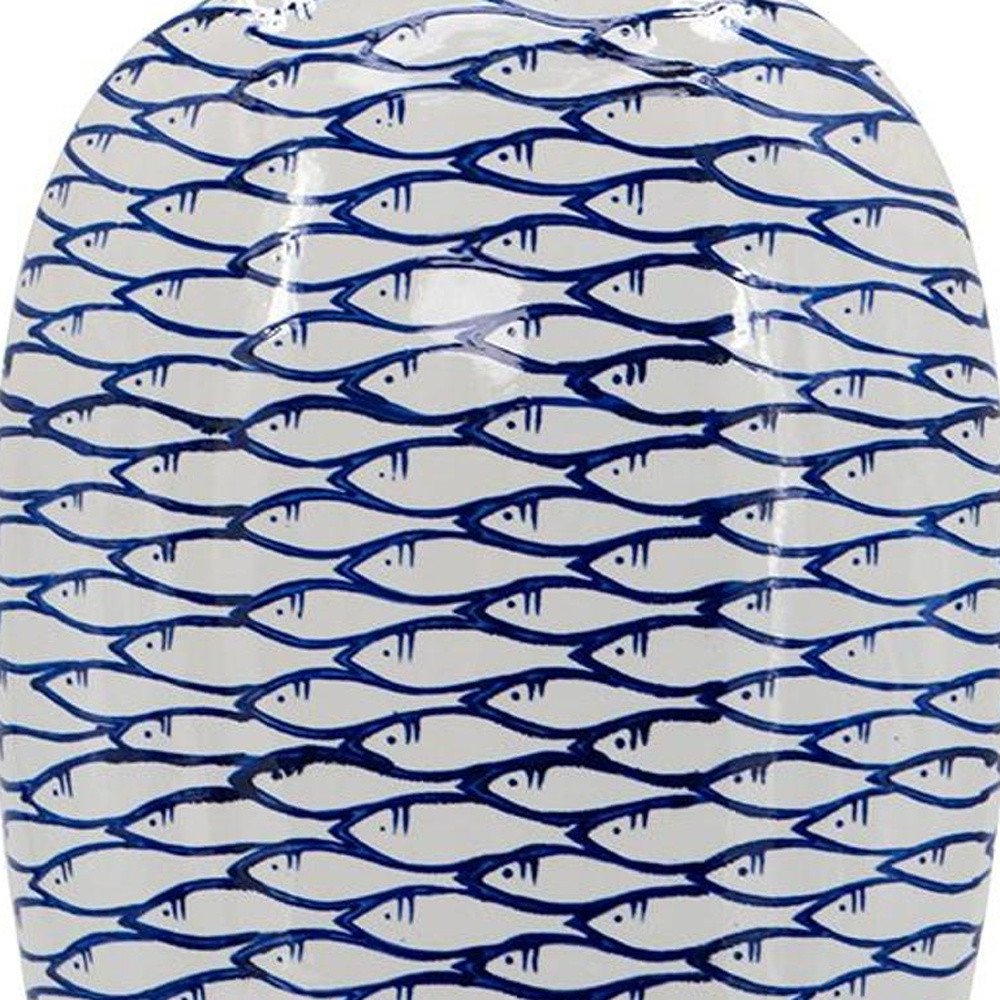 16" Blue And White Fish Print Oval Ceramic Table Vase HomeRoots
