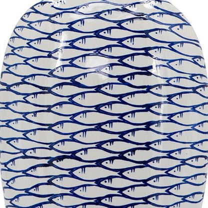 16" Blue And White Fish Print Oval Ceramic Table Vase HomeRoots