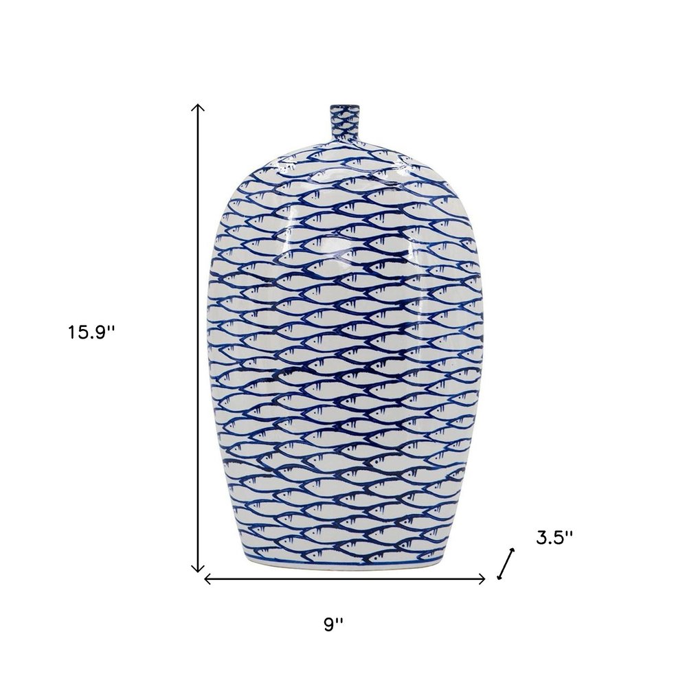 16" Blue And White Fish Print Oval Ceramic Table Vase HomeRoots