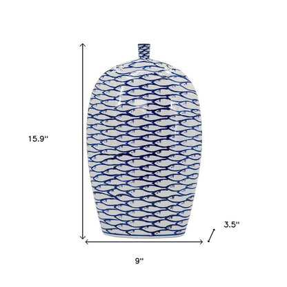 16" Blue And White Fish Print Oval Ceramic Table Vase HomeRoots